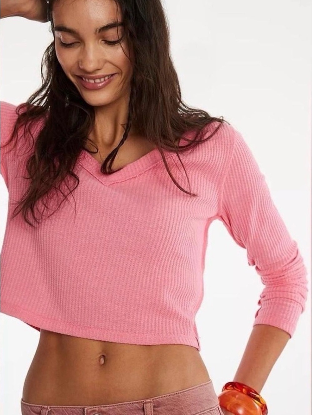 We the Free Confetti Pink Manchester Crop Thermal Long Sleeve Top XS